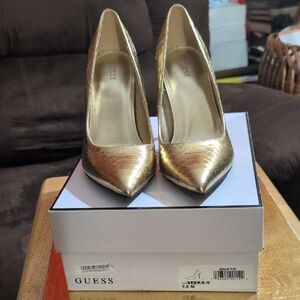 Guess Metallic Snake Embossed Pointed Toe Gold Heels